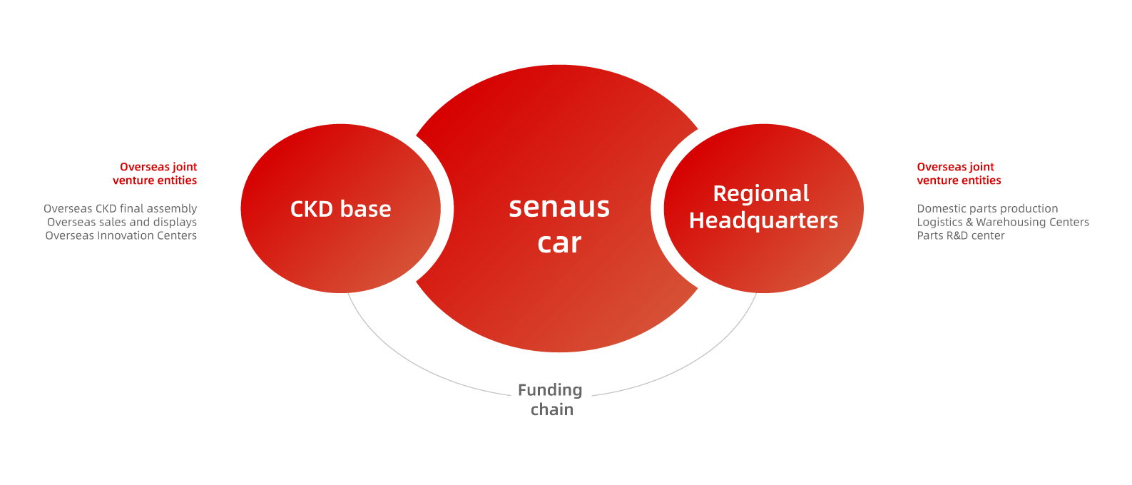 Domestic R&D and parts supply + overseas vehicle assembly and sales